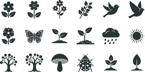 Collection of eighteen nature silhouette icons featuring flowers, plants, trees, birds, butterfly, mushroom, sun, cloud, and ladybug, symbolizing growth, environment, and biodiversity. © Itz Shahin