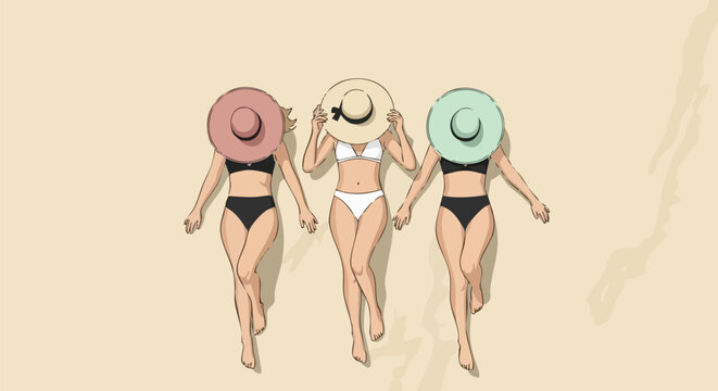 Three women in bikinis and sunhats walking on beach