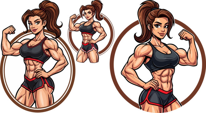 Fitness woman icon set, 3 poses. Includes flexing, strong female, workout illustrations. Created in colorful cartoon style with vibrant colors.