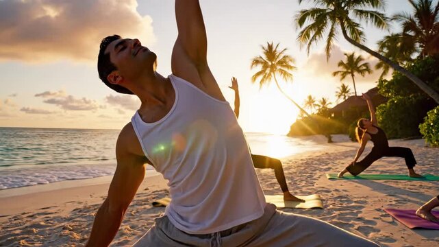 Sunset beach yoga: graceful flow in tropical paradise with palm trees