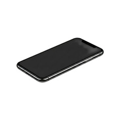 Isometric view of black smartphone lying flat on transparent background, realistic 3d rendering, perfect for technology mockups and presentations