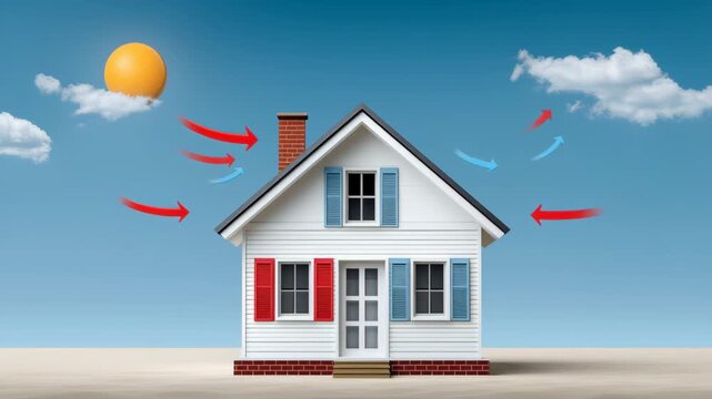 House with red and blue shutters under a bright sun, showing airflow patterns with arrows indicating temperature changes in a clear blue sky