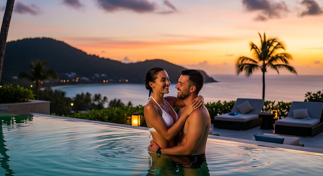 Cheerful romantic couple enjoying honeymoon vacation in crystalline water of luxury resort infinity swimming pool under bright summer sunshine