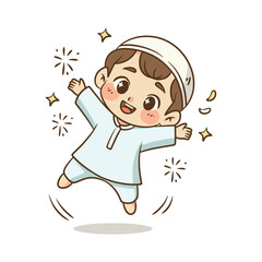 Happy Muslim boy jumping and celebrating with sparkling light decorations around