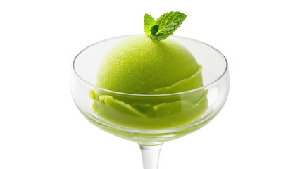 Isolated scoop of green melon sorbet, cool and tasty frozen dessert, garnished with mint leaf © Antonio