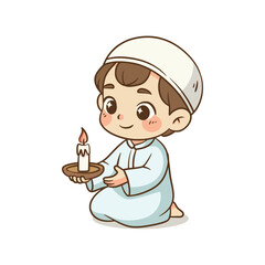 Muslim boy kneeling and holding small lit candle on wooden saucer
