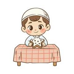 Muslim boy sitting at table eating star shaped cookie for snack