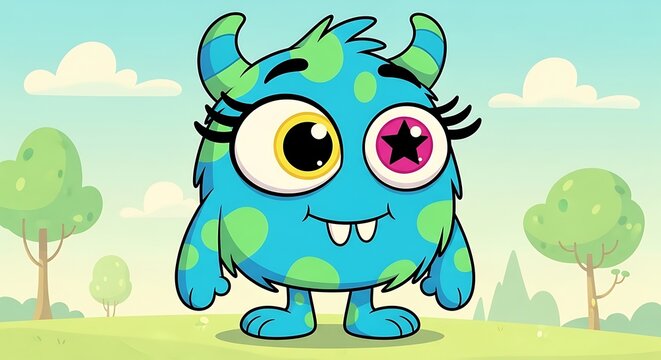 Cute cartoon fluffy monster with big eyes and horns standing in a green field under a blue sky with clouds