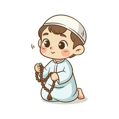 Cute Muslim boy sitting on knees holding prayer beads tasbih illustration