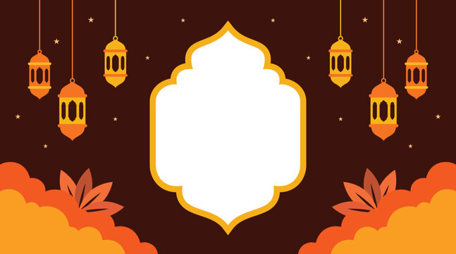Ramadan Mubarak and Eid al-Fitr Holiday Festive Islamic Background with Traditional Lanterns and Ornate Arch Frame Template Design