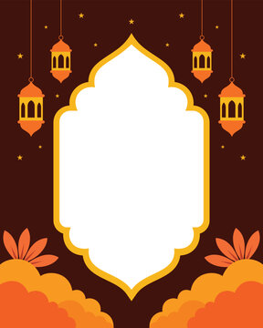 Elegant Islamic Ramadan Background with Traditional Lanterns and Ornate Arch Frame for Greetings and Festivals