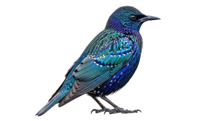 Isolated iridescent European Starling, captivating bird with colorful plumage in wildlife
