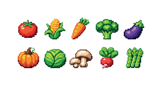 Vegetable pixel art icon set. Fresh produce, farming pixel art icons collection