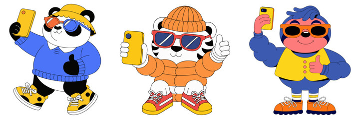Chubby cartoon animals a panda, sloth, and tiger smiling while taking a selfie, wearing sunglasses and giving a thumbs up, on a white background in vibrant colors and clean vector style.