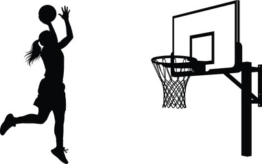 Female Basketball Player Silhouette Vector Illustration, Woman Jumping for Layup Shot at Hoop, Black and White Sports Design © MdSoidur