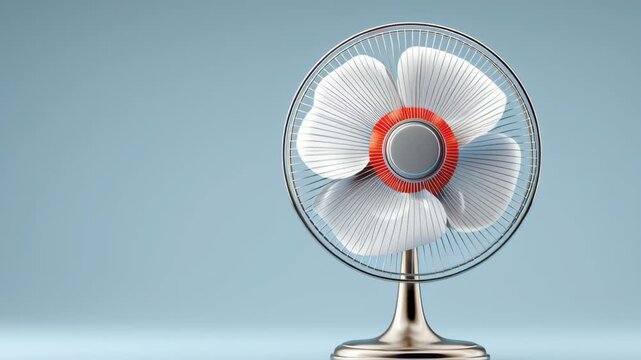 Decorative electric fan with white blades and orange accents rotates smoothly against a light blue background, showcasing its modern design and functionality in a stylish setting