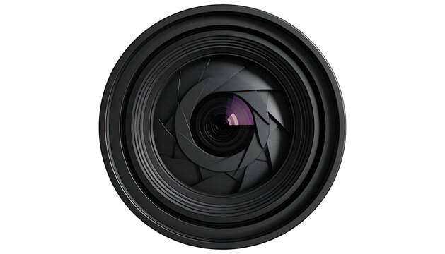 Close-up of a camera lens aperture, showing blades and reflections against a black background