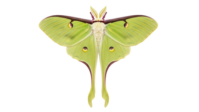 Isolated Luna moth, a beautiful insect found in North America, with wings spread wide open