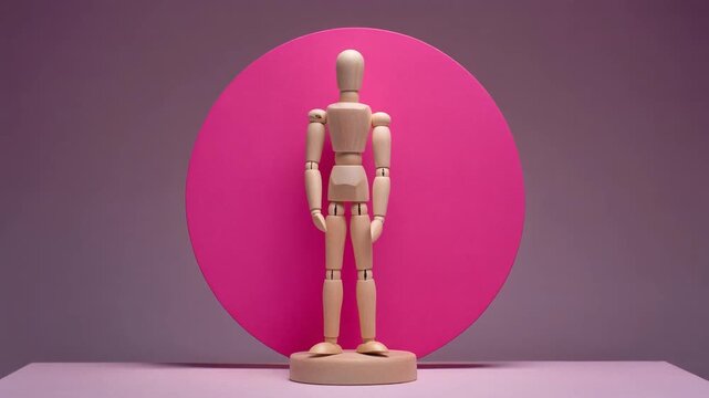 Cinematic Video of a Wooden Artist Mannequin Taking a Bold Step Forward in a Bright Pink Spotlight