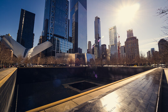 Beautiful view of the National September 11 Memorial and Museum at Ground Zero in Lower Manhattan, New York City, NY, USA, on a cold winter day