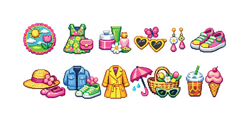 Naklejka premium Spring fashion flat icon set. Outfit, style, accessories collection in bright colors