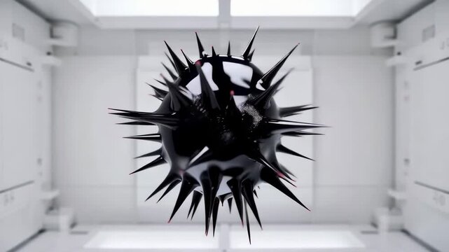 Futuristic black floating sphere transforming into spiky shape like ferrofluid in sterile white laboratory room