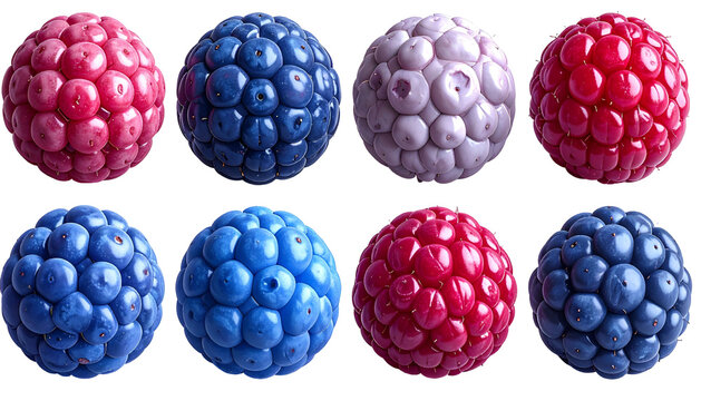 Assorted colorful spherical fruit close-ups, varying hues against a black background