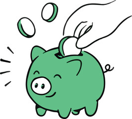 Obraz premium Cute green piggy bank vector illustration with hand putting a coin. Concept for money saving, investment, financial growth, and banking budget in minimal hand-drawn doodle style.