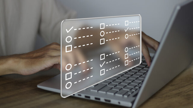 Questionnaire with checkboxes digital interface on laptop for online surveys, customer feedback, and data collection. Efficient business research tool for user evaluation and poll responses