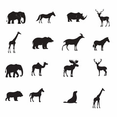Fototapeta premium A collection of black animal silhouettes featuring a set of wild and farm wildlife icons including a horse, dog, elephant, cow, goat, deer, cat, lion, giraffe, tiger, and sheep vector illustration