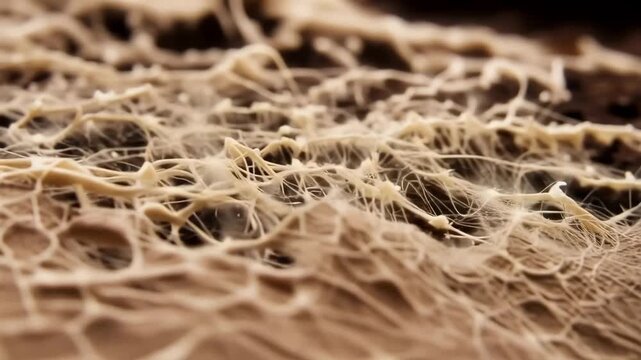 Macro timelapse of white mycelium fungi network rapidly growing and spreading over dark soil surface