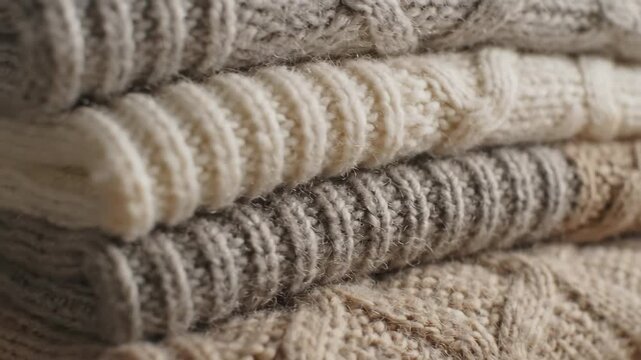 Soft natural wool knit sweaters stacked with intricate cable and ribbed patterns showing cozy texture