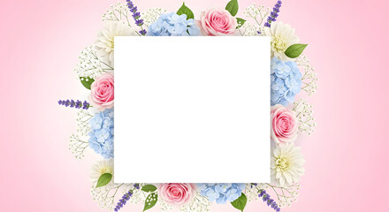 A beautiful floral frame with pink roses and blue hydrangeas on a soft pink background.