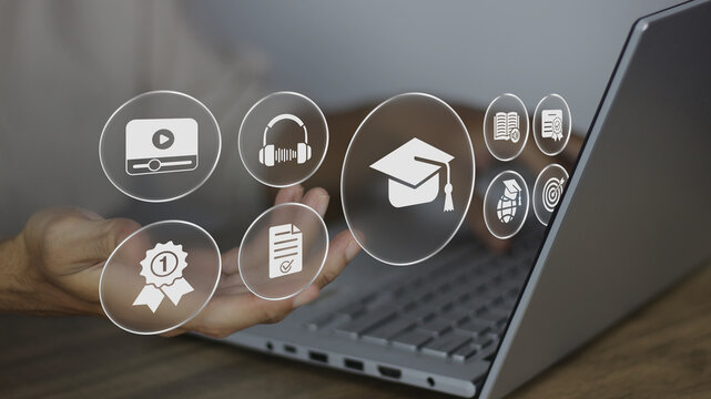 E-learning online education training webinar on internet for personal development and professional qualifications. Digital courses to develop new skills through interactive laptop technology