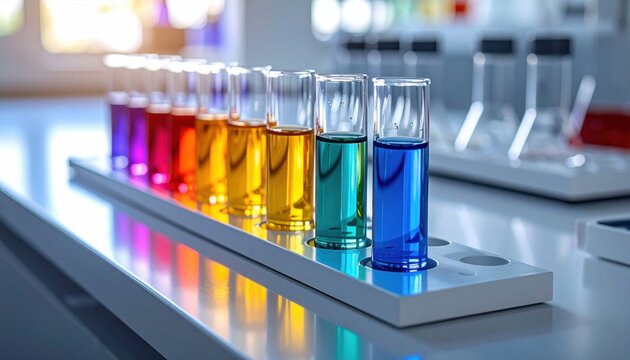 FlyPro Firefly Spectrophotometry Cuvettes with Colored Solutions on a Clean Laboratory Bench