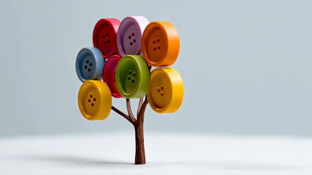 Colorful button tree sculpture with vibrant buttons in various colors arranged on a brown branch against a soft gray background, showcasing a whimsical design