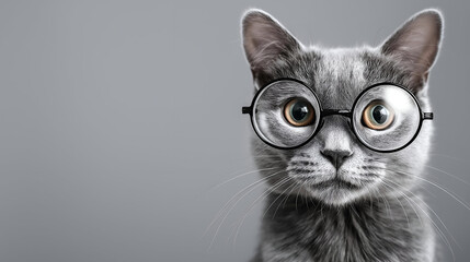 A curious gray cat wearing round glasses, showcasing its playful and intelligent personality against a neutral background.