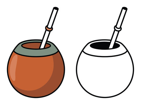 Two of a mate gourd with a bombilla straw, one colored and one outline
