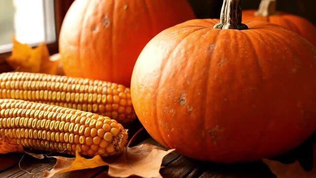 Fresh pumpkins and corn close up for fall harvest theme