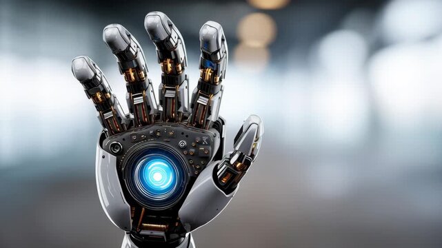 Robotic hand with intricate mechanical design and glowing blue light, showcasing progressive movement in a modern, high-tech environment