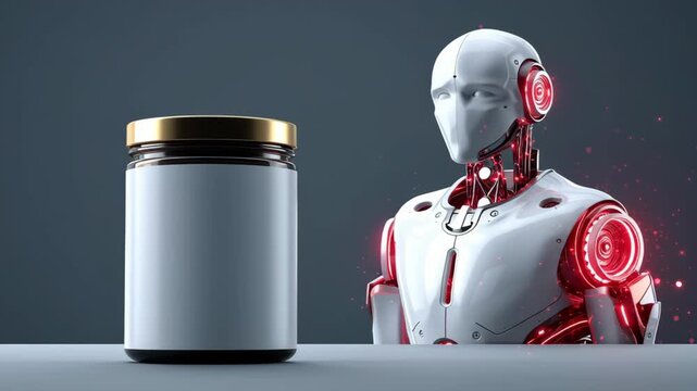 Robot with glowing red accents stands beside a jar with a gold lid on a table against a dark background, showcasing a futuristic design and technology