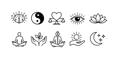 Obraz premium Meditation, yoga line icon set. Mindfulness, lotus symbols outline collection