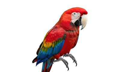 Fototapeta premium Isolated colorful parrot with red, yellow, and blue feathers perched on an invisible branch