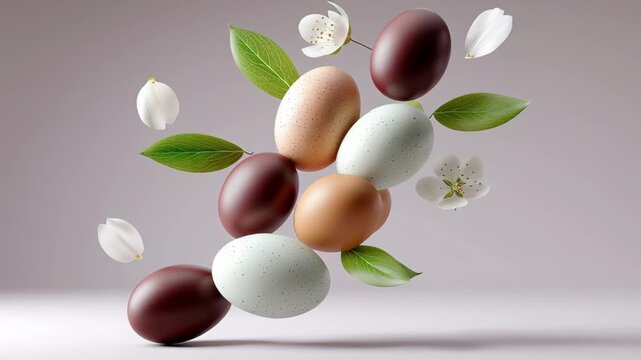 Colorful assortment of decorative eggs in various shades surrounded by green leaves and white flowers, creating a vibrant and festive display for spring celebrations
