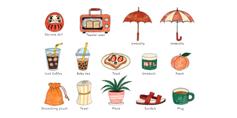 Hand-drawn collection of Japanese everyday objects and lifestyle icons, cute crayon style illustration set on grey background.