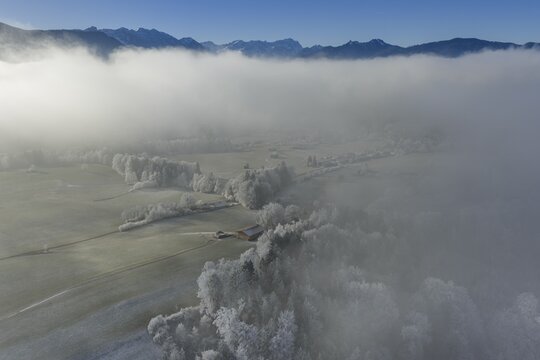 Winter landscape, fog, high fog, mountain landscape, hoarfrost, cold, trees, forest, winter, sunny, aerial view, view of Zugspitze, Laber, foothills of the Alps, Bavaria, Germany