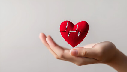 Fototapeta premium A hand holding a red heart symbolizing love and health, showcasing a heartbeat line for medical wellness.