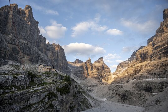 Rifugio Alberto e Maria ai Brentei, Castelletto Superiore and Cima Sella mountain peaks, Bocca di Tuckett in the back, Brenta Mountains, Brenta, Brenta-Adamello Natural Park, Trentino, Italy
