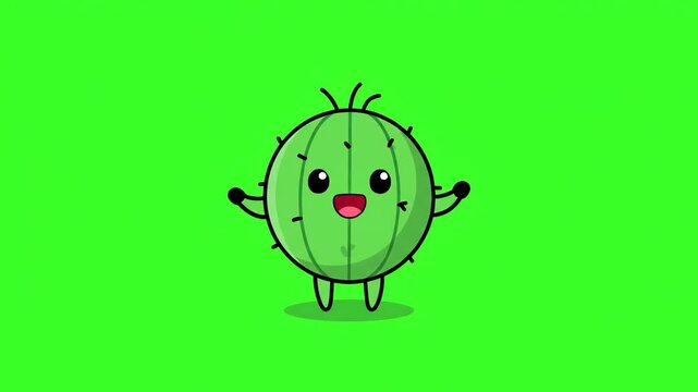 Animated green cartoon cactus character with a happy expression, waving its arms on a green screen background. Ideal for explainer videos, children's content, or educational materials.