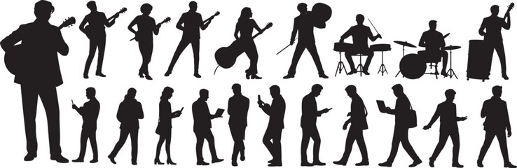Silhouette illustration of musicians playing instruments and people using digital devices, symbolizing contrast between artistic creativity and modern technology engagement in contemporary lifestyle. © Itz Shahin